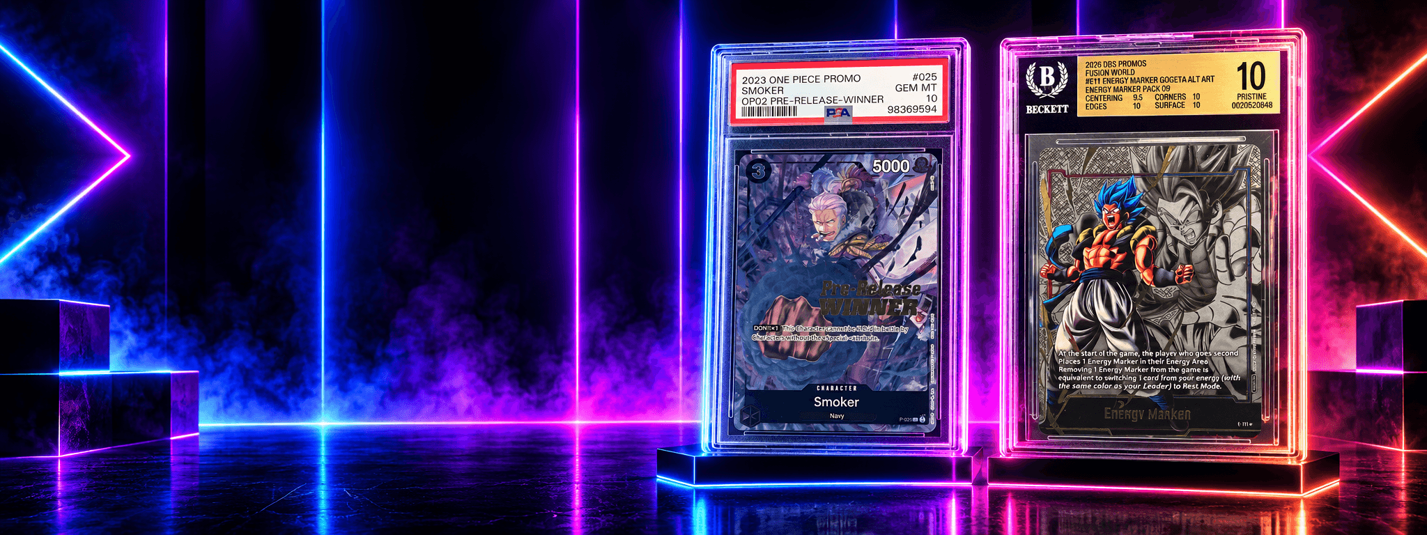 Smoker van One Piece en Gogeta van Dragon Ball in gradinghouders, verlicht in de Chroma-kleuren