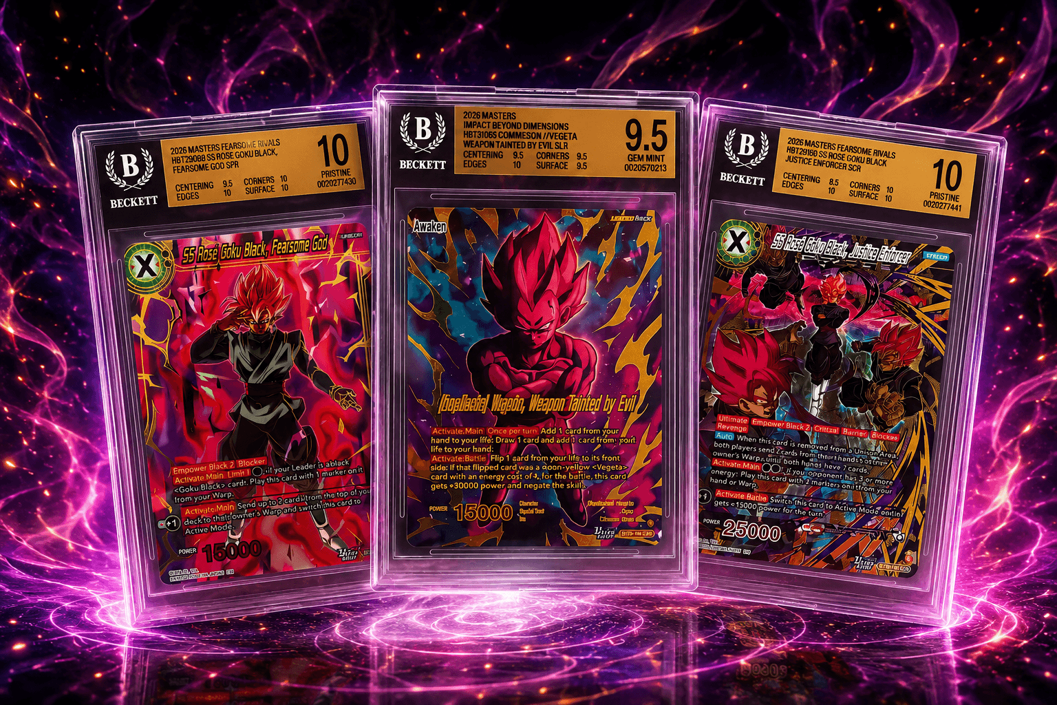 Drie graded Dragon Ball-kaarten in een paars verlichte presentatie