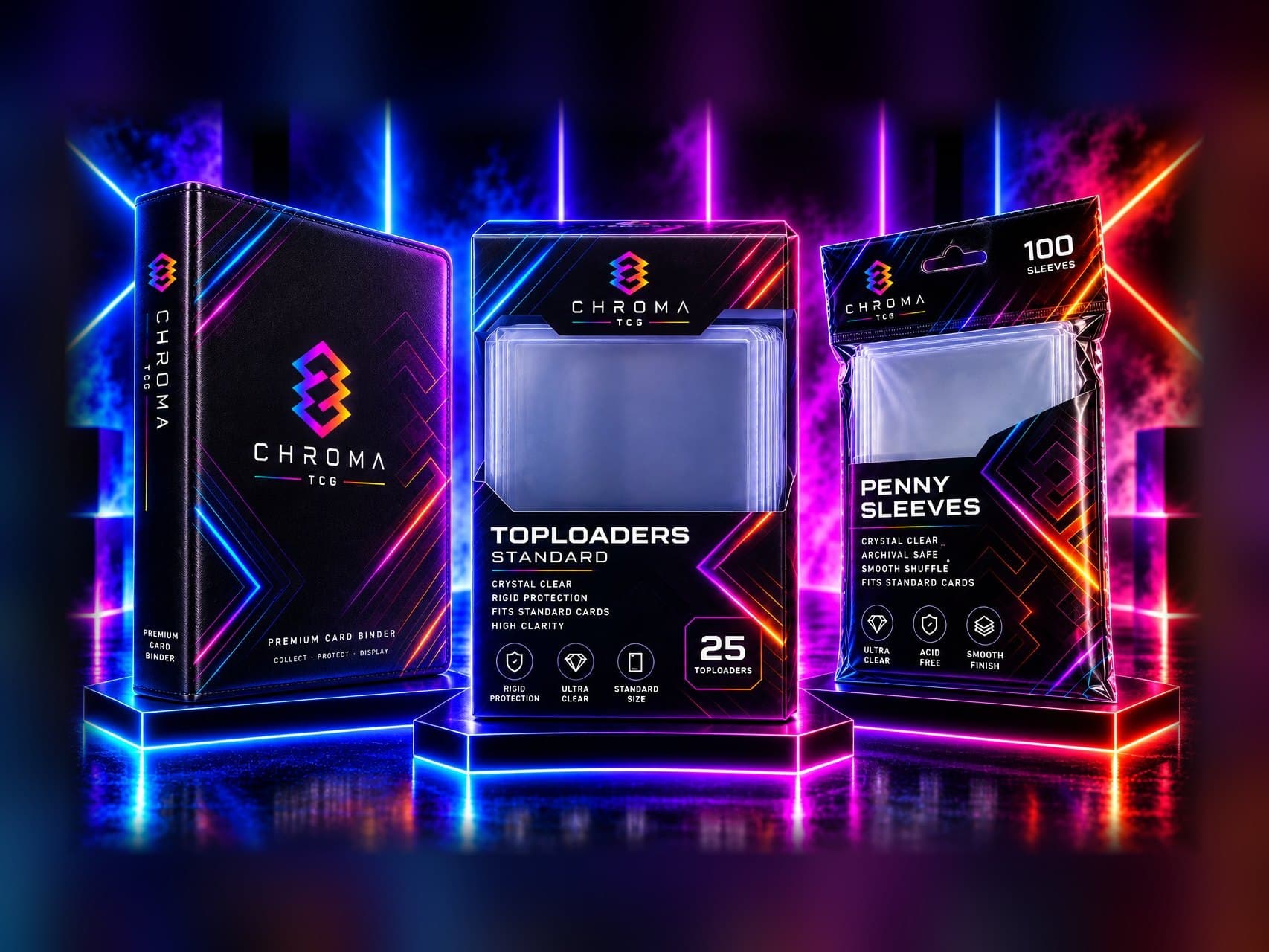 Een Chroma-verzamelmap, een doos toploaders en een pak penny sleeves in neonlicht