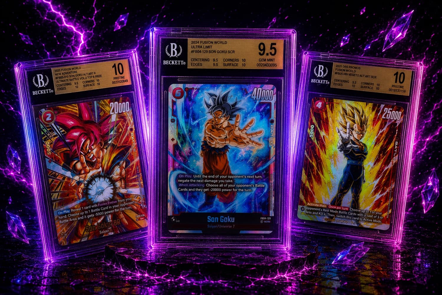 Drie graded Dragon Ball-slabs in paars licht, met de labels leesbaar