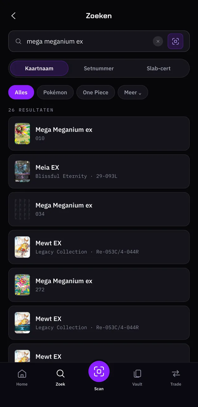 Mega Meganium ex opzoeken in Chroma Pulse en de kaartdetails openen, met de prijs per conditie