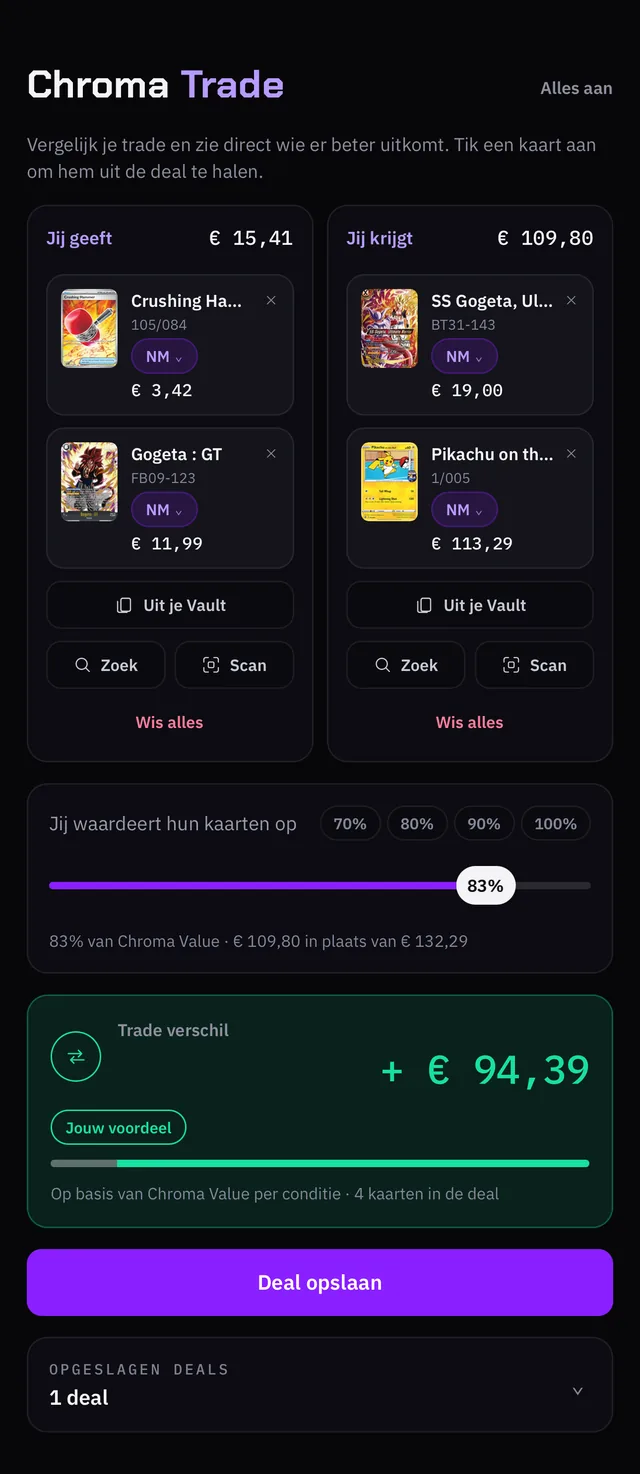 Een trade in Chroma Pulse: de kaarten die je geeft tegenover de kaarten die je krijgt, jouw voordeel in euro's en de knop om de deal op te slaan